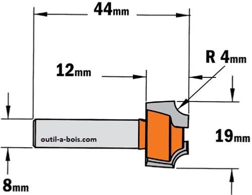 FRAISE A QUART DE ROND SANS ROULEMENT RAYON 5 MM queue de 8 mm